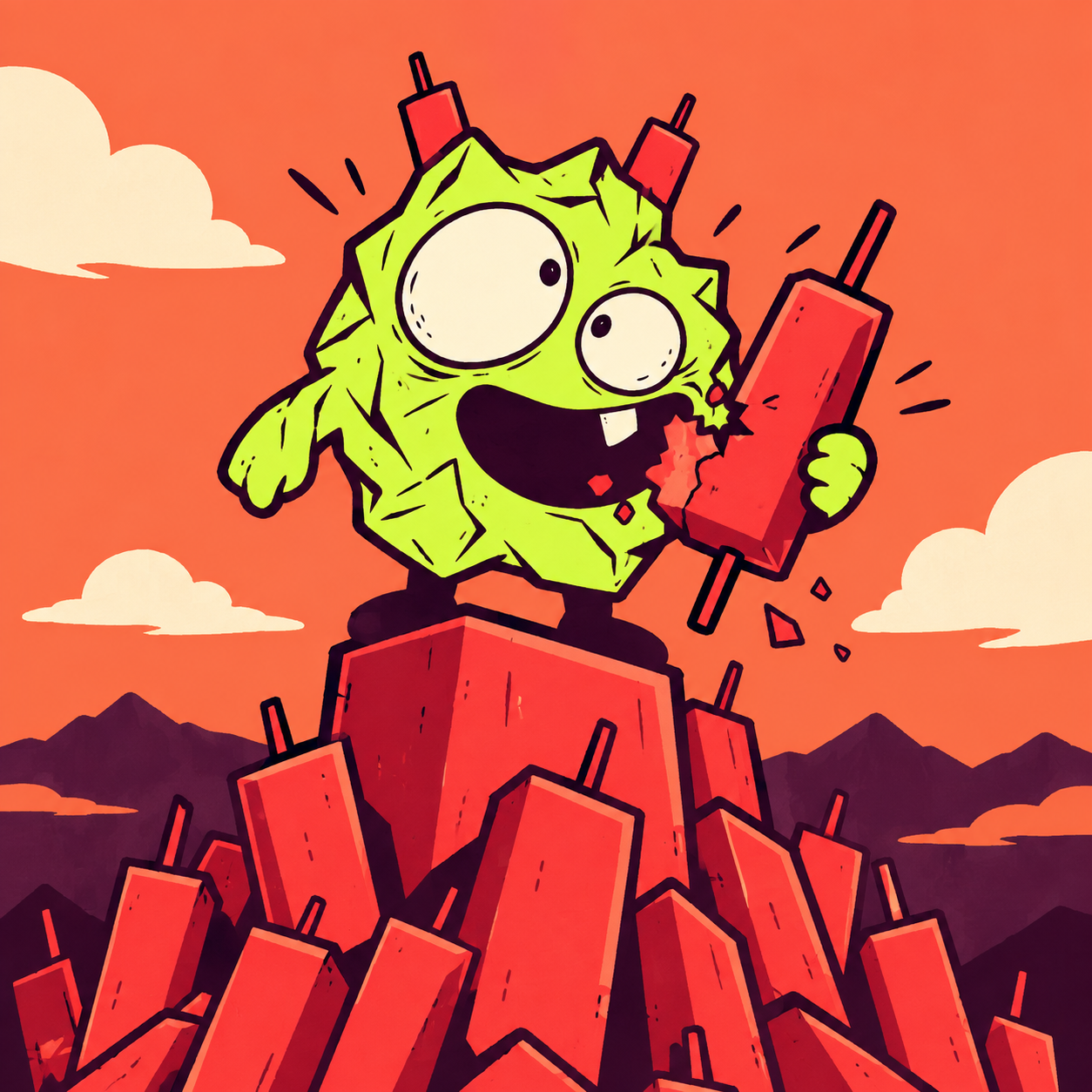 Blundro eating a red candle on a mountain of terrible trades